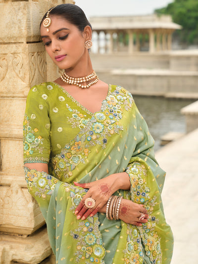 Pista-Green Shaded Color Soft Silk Embroidered Heavy Border Saree