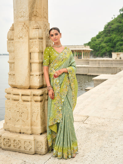 Pista-Green Shaded Color Soft Silk Embroidered Heavy Border Saree