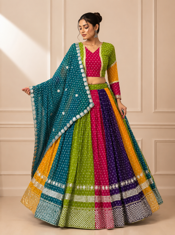 Multi color Bandhni print Navratri Designer Ready To Wear Lehenga Set houseofpanchhi