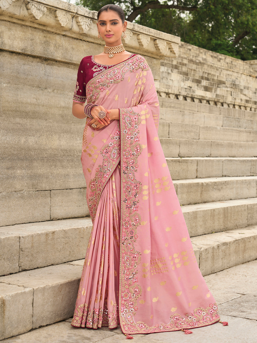 Peach Color Soft Silk Embroidered Heavy Border Saree