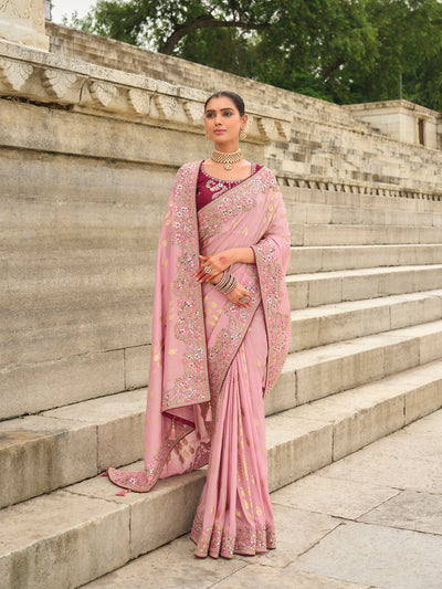 Peach Color Soft Silk Embroidered Heavy Border Saree