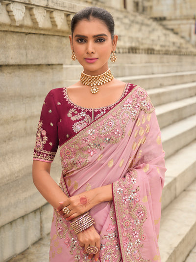 Peach Color Soft Silk Embroidered Heavy Border Saree