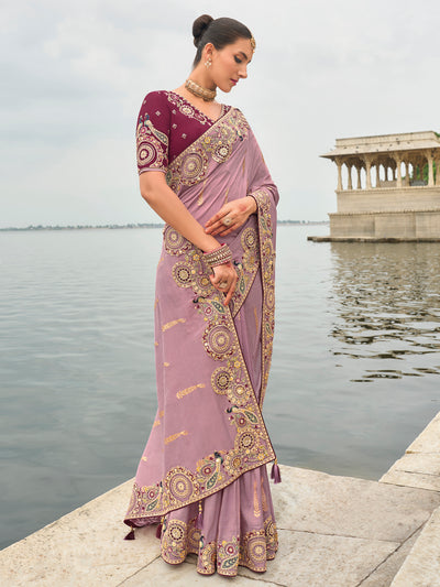 Lavender Color Soft Silk Embroidered Heavy Border Saree