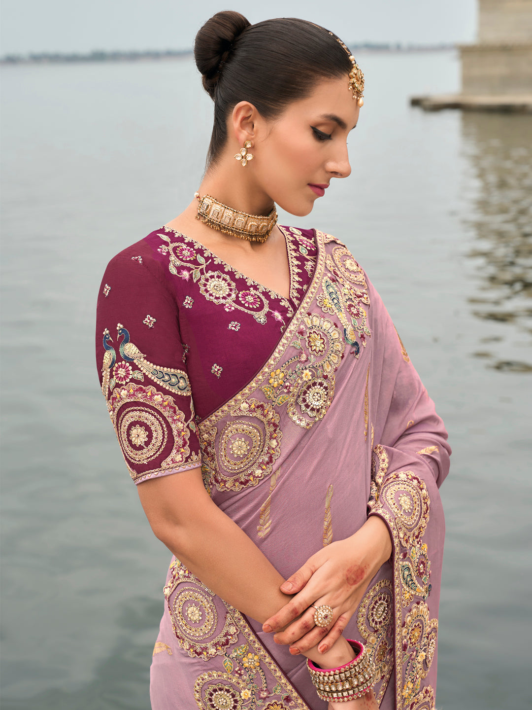 Lavender Color Soft Silk Embroidered Heavy Border Saree