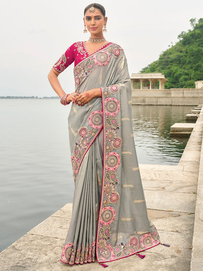 Grey Color Soft Silk Embroidered Heavy Border Saree