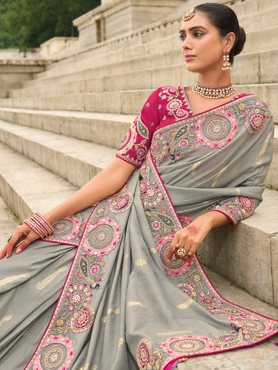 Grey Color Soft Silk Embroidered Heavy Border Saree