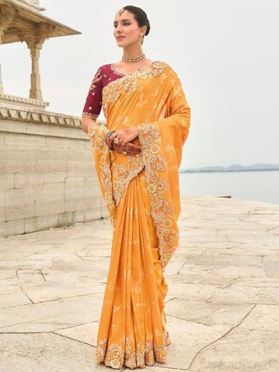 Shade of Orange Color Soft Silk Embroidered Heavy Border Saree