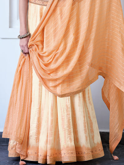 Orange-Off White Shibori Printed Pure Gaji Silk Semi-Stitched Lehenga Choli