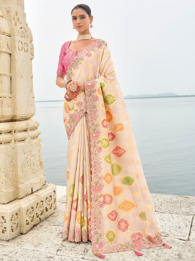 Off-White Color Soft Silk Patchwork Woven Embroidered Heavy Border Saree