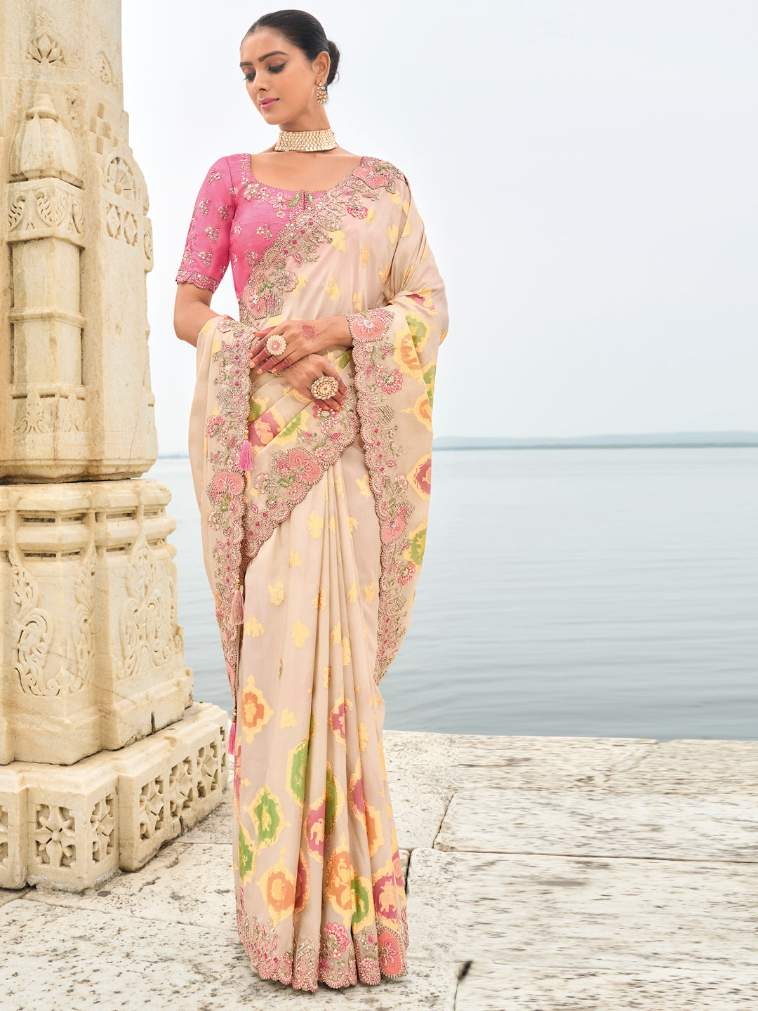 Off-White Color Soft Silk Patchwork Woven Embroidered Heavy Border Saree