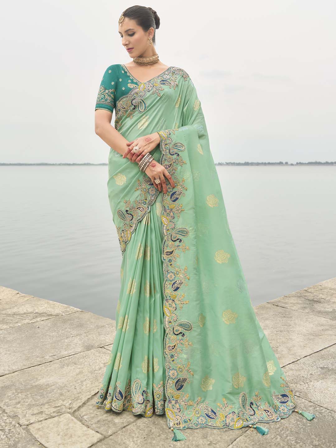 Seagreen Color Soft Silk Embroidered Heavy Border Saree