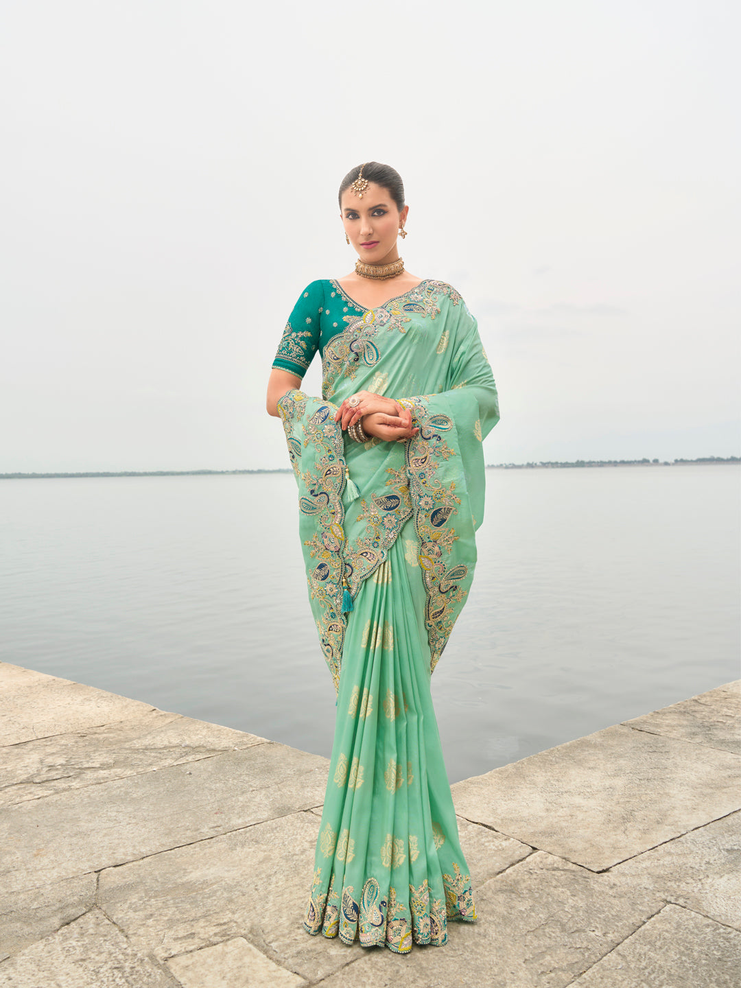 Seagreen Color Soft Silk Embroidered Heavy Border Saree