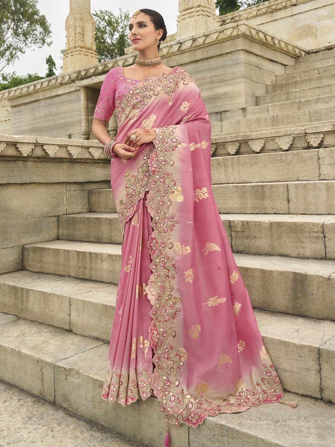 Pink Color Shaded Soft Silk Embroidered Heavy Border Saree