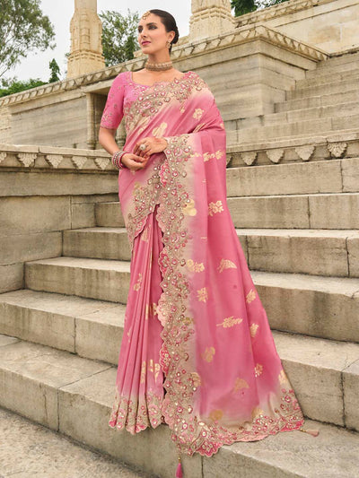 Pink Color Shaded Soft Silk Embroidered Heavy Border Saree