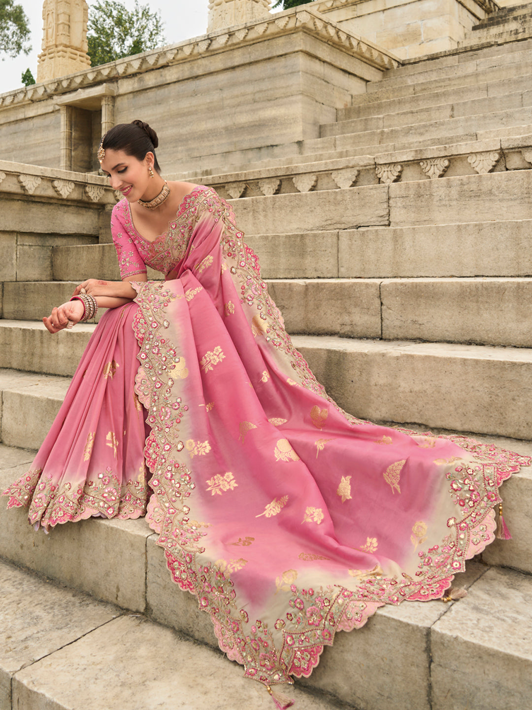 Pink Color Shaded Soft Silk Embroidered Heavy Border Saree