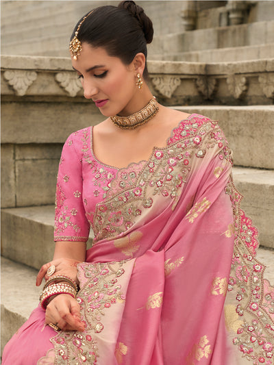 Pink Color Shaded Soft Silk Embroidered Heavy Border Saree