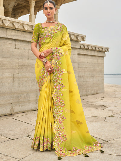 Yellow-Mehendi Color Shaded Soft Silk Embroidered Heavy Border Saree