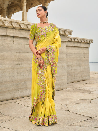 Yellow-Mehendi Color Shaded Soft Silk Embroidered Heavy Border Saree