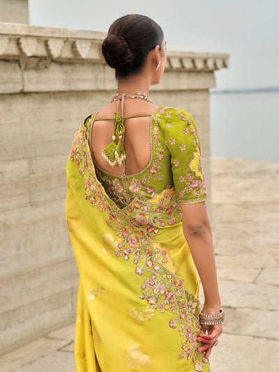 Yellow-Mehendi Color Shaded Soft Silk Embroidered Heavy Border Saree