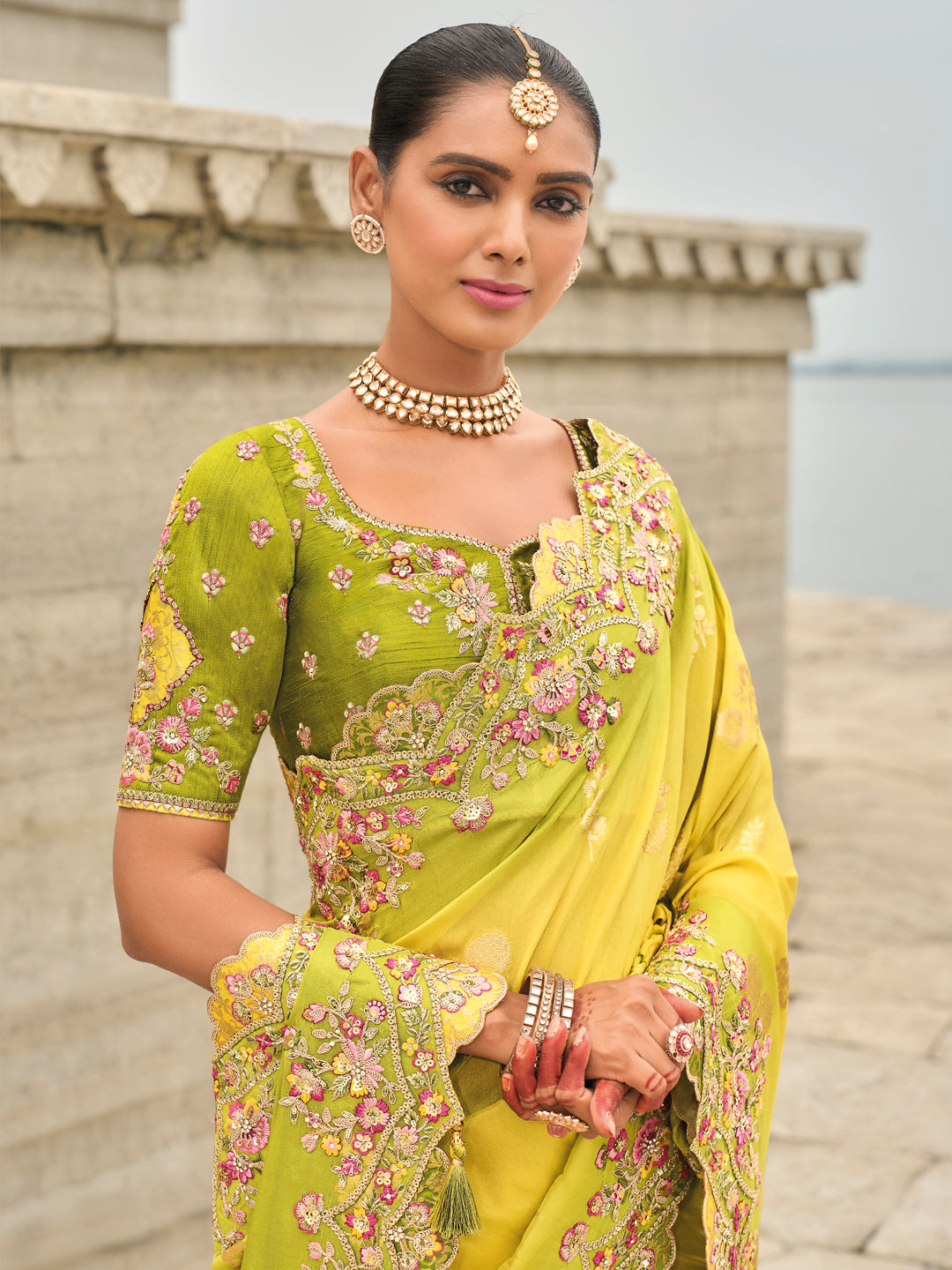 Yellow-Mehendi Color Shaded Soft Silk Embroidered Heavy Border Saree