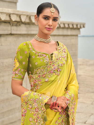 Yellow-Mehendi Color Shaded Soft Silk Embroidered Heavy Border Saree