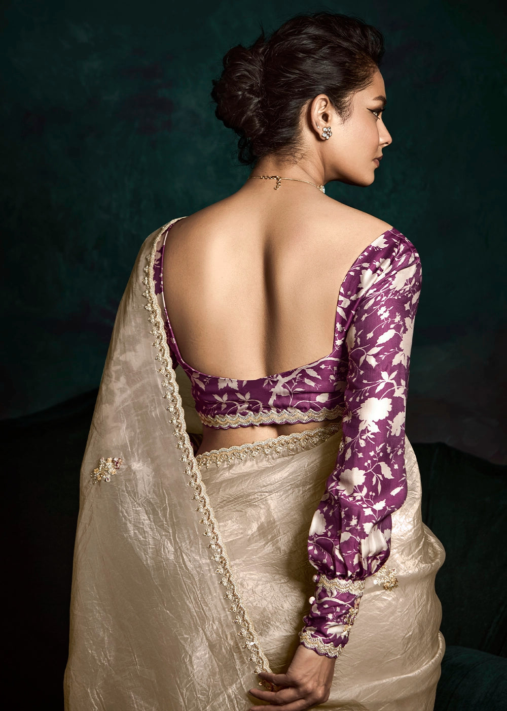Beige Fancy Fabric Sequin Embroidered Border Saree with Contrast Satin Silk Blouse