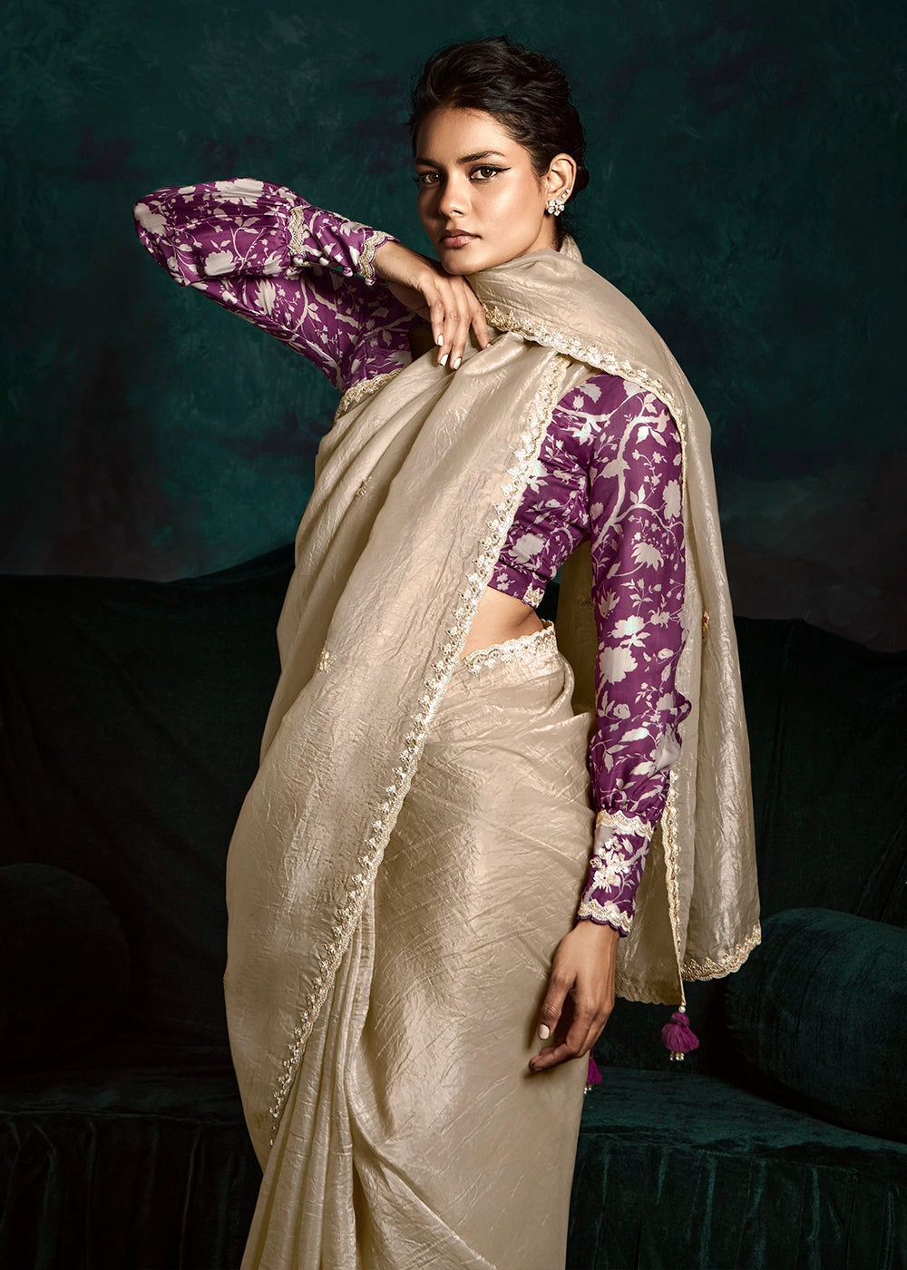 Beige Fancy Fabric Sequin Embroidered Border Saree with Contrast Satin Silk Blouse