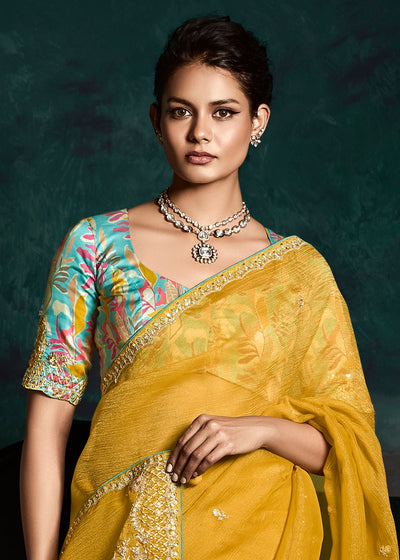 Yellow Fancy Fabric Sequin Embroidered Border Saree with Contrast Satin Silk Blouse
