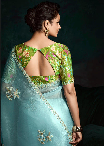 Sky Blue Fancy Fabric Sequin Embroidered Border Saree with Contrast Satin Silk Blouse