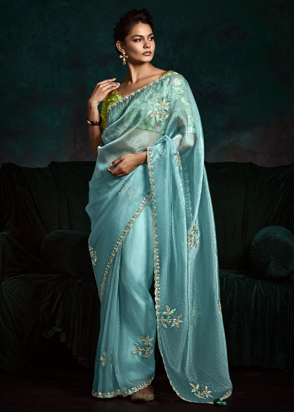 Sky Blue Fancy Fabric Sequin Embroidered Border Saree with Contrast Satin Silk Blouse