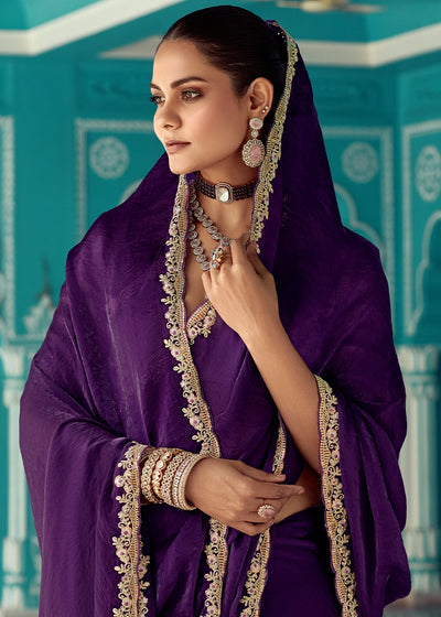 Purple Pure Based Fancy Fabric Heavy lace Border Saree with Designer Contrast Blouse