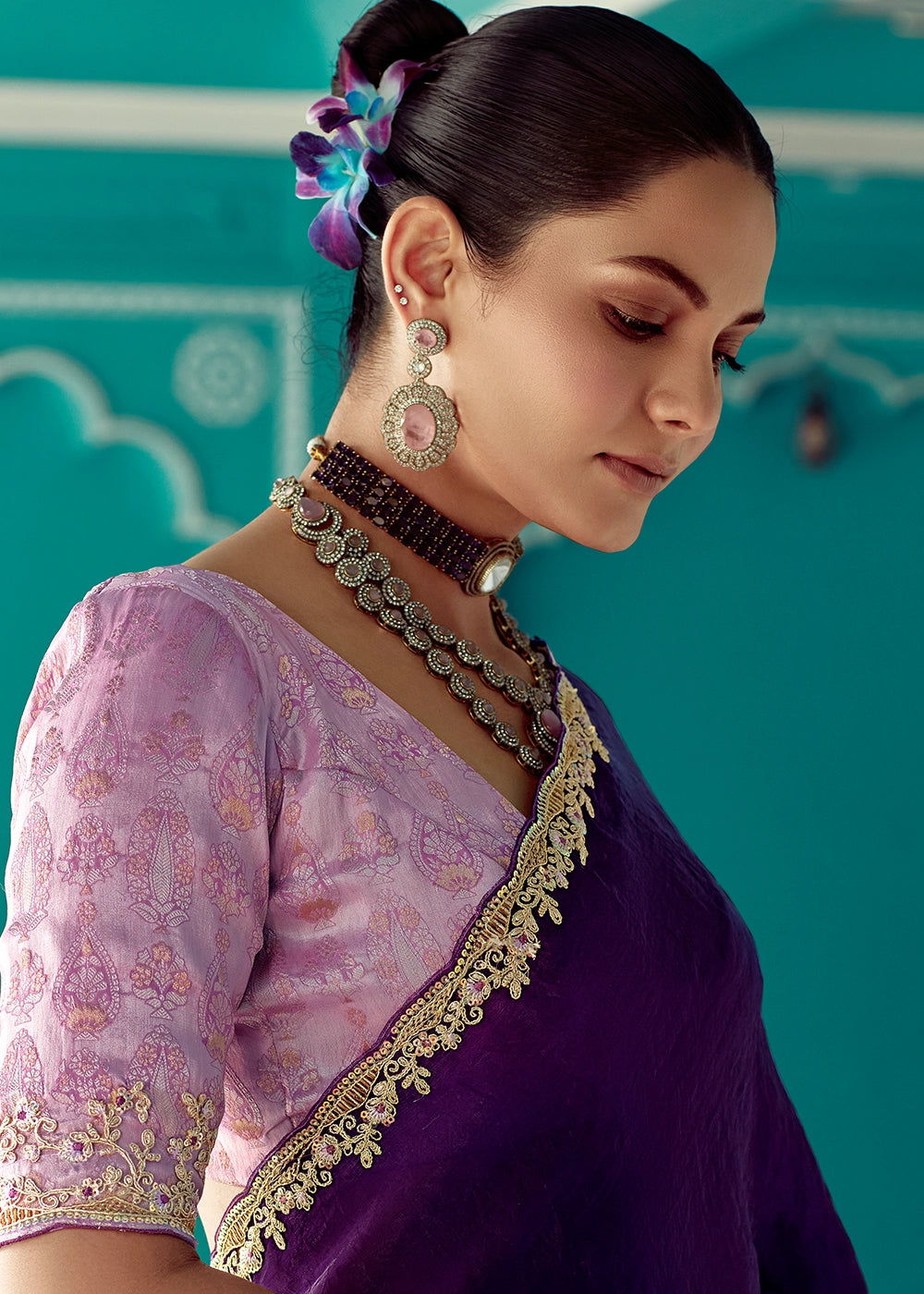 Purple Pure Based Fancy Fabric Heavy lace Border Saree with Designer Contrast Blouse