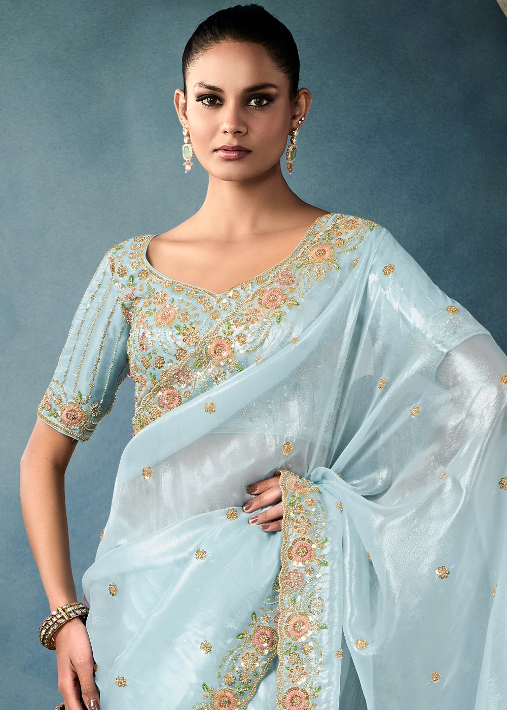 Sky Blue Tissue fabric Handwork embroidered Border Saree with Satin Blouse