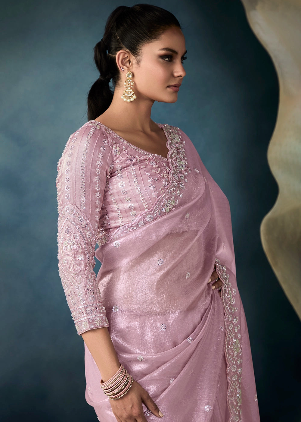 Pink Tissue fabric Handwork embroidered Border Saree with Satin Blouse