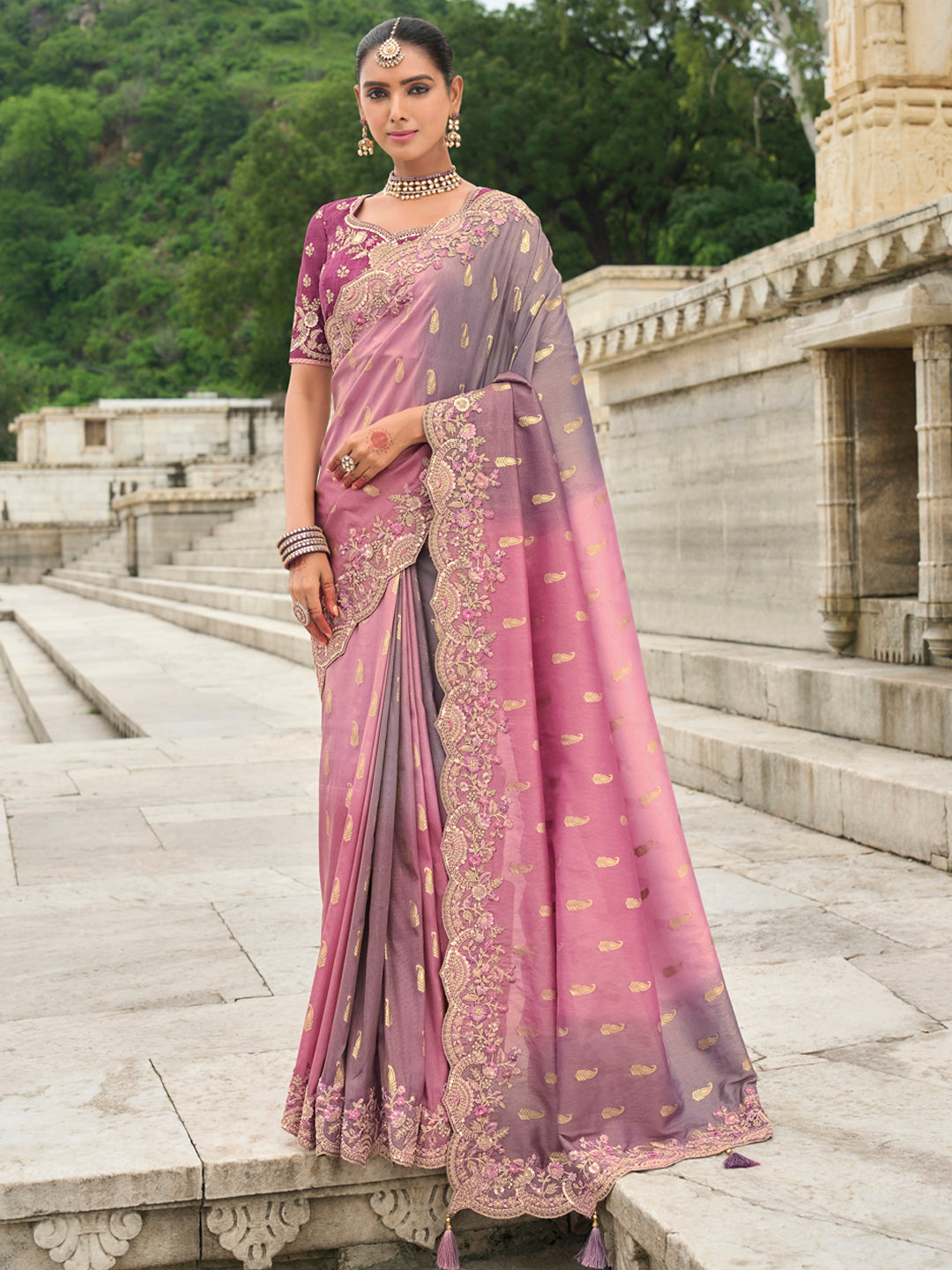 Pink-Grey Color Shaded Soft Silk Embroidered Heavy Border Saree