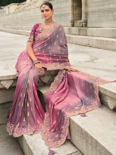 Pink-Grey Color Shaded Soft Silk Embroidered Heavy Border Saree