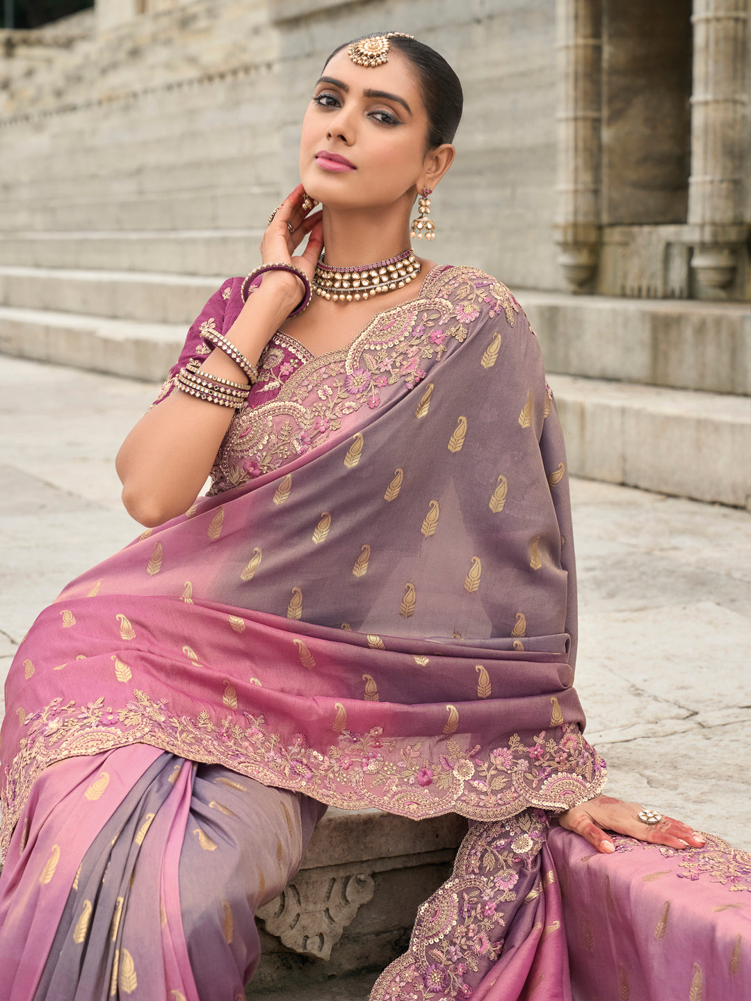 Pink-Grey Color Shaded Soft Silk Embroidered Heavy Border Saree