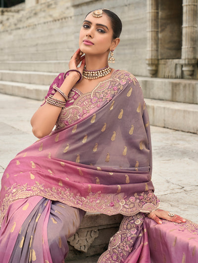 Pink-Grey Color Shaded Soft Silk Embroidered Heavy Border Saree