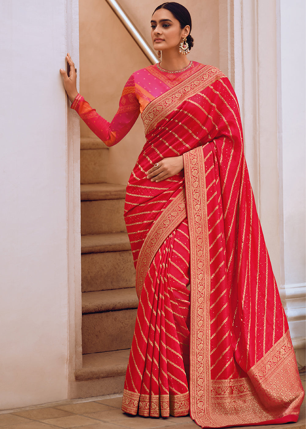 Rose Color Pure Viscos Woven Leheriya Pattern Saree