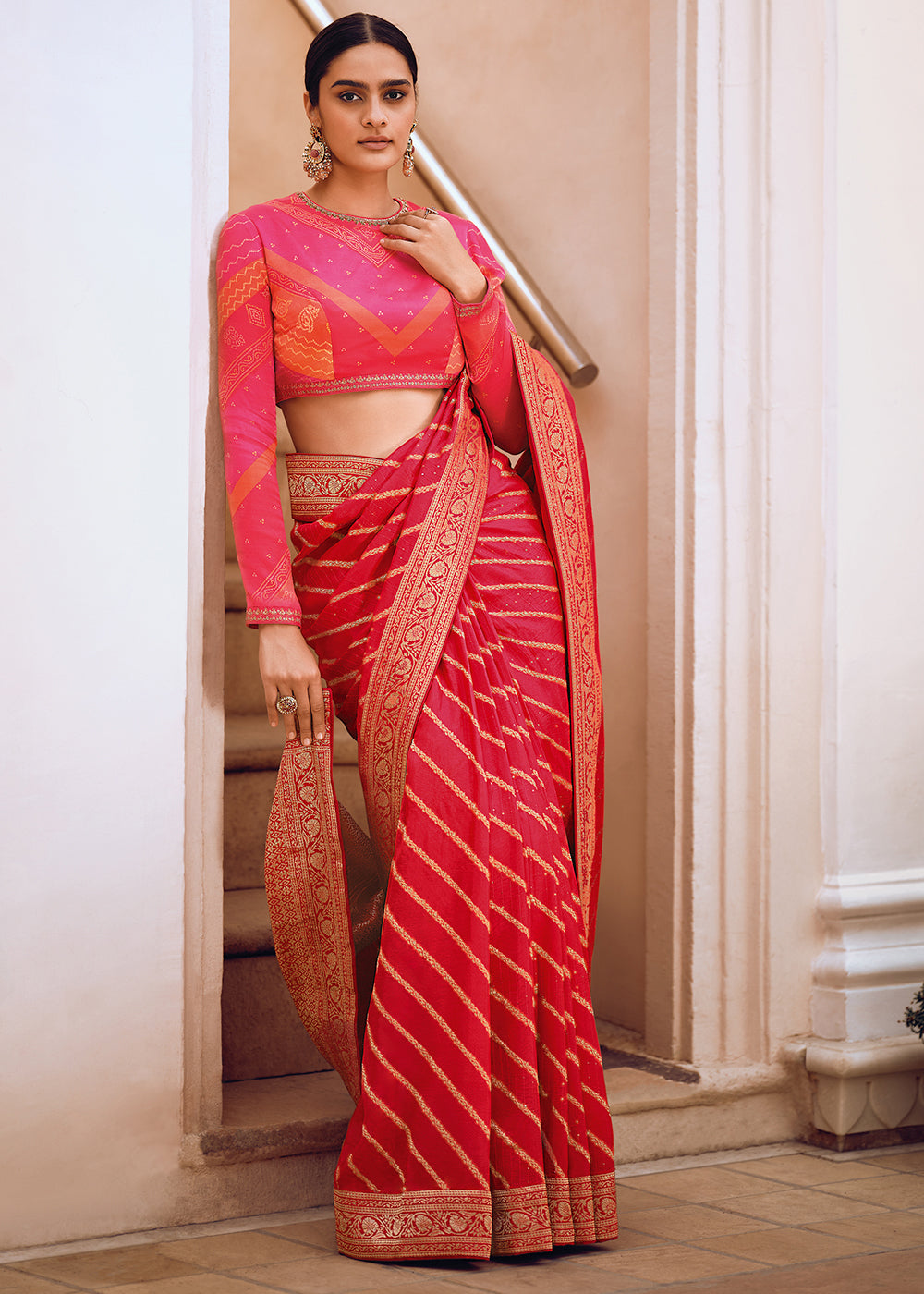 Rose Color Pure Viscos Woven Leheriya Pattern Saree