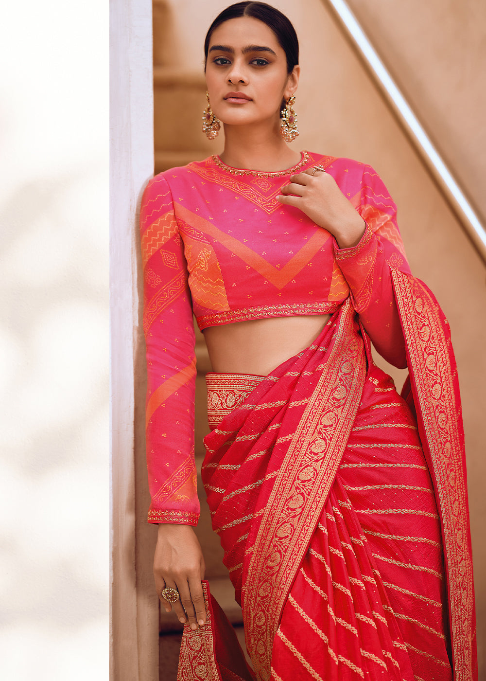 Rose Color Pure Viscos Woven Leheriya Pattern Saree