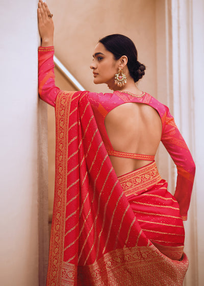 Rose Color Pure Viscos Woven Leheriya Pattern Saree