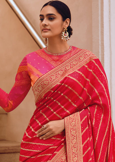 Rose Color Pure Viscos Woven Leheriya Pattern Saree