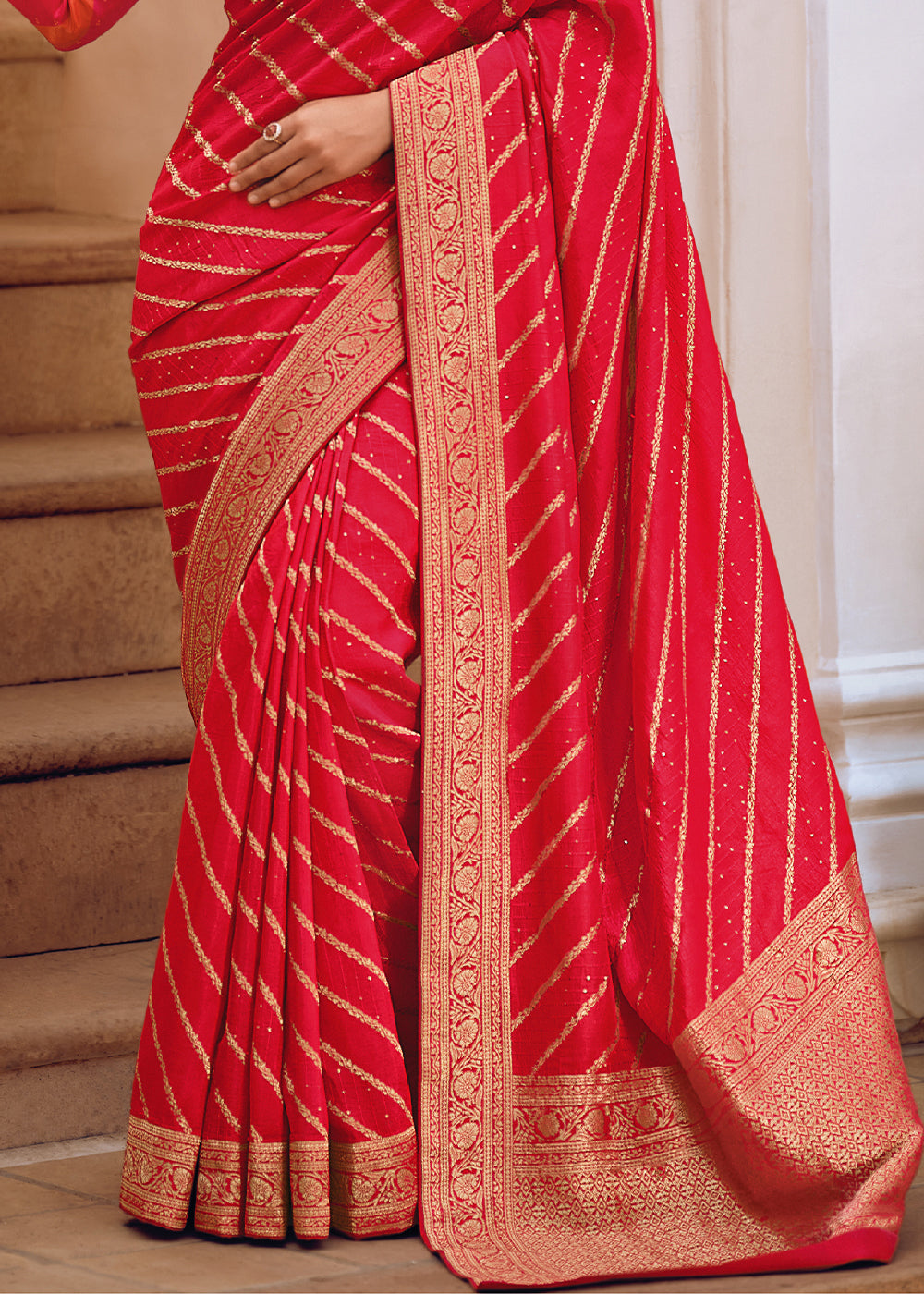 Rose Color Pure Viscos Woven Leheriya Pattern Saree