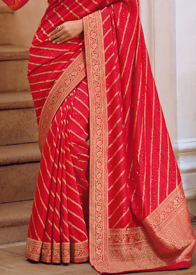 Rose Color Pure Viscos Woven Leheriya Pattern Saree