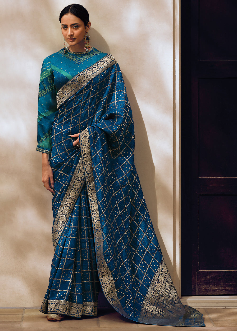 Teal Color Pure Viscos Woven Leheriya Pattern Saree