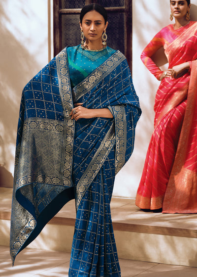 Teal Color Pure Viscos Woven Leheriya Pattern Saree