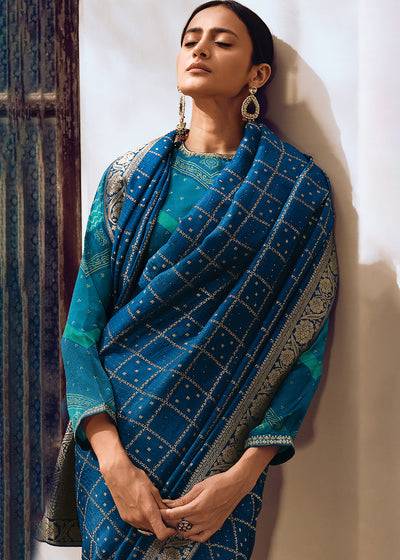 Teal Color Pure Viscos Woven Leheriya Pattern Saree