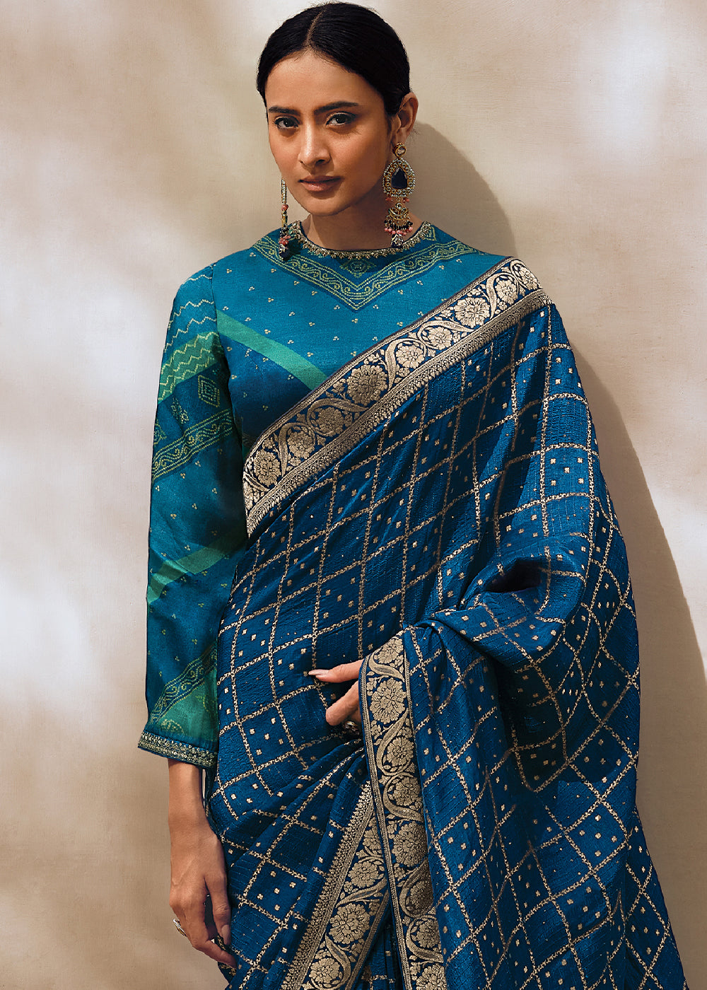 Teal Color Pure Viscos Woven Leheriya Pattern Saree