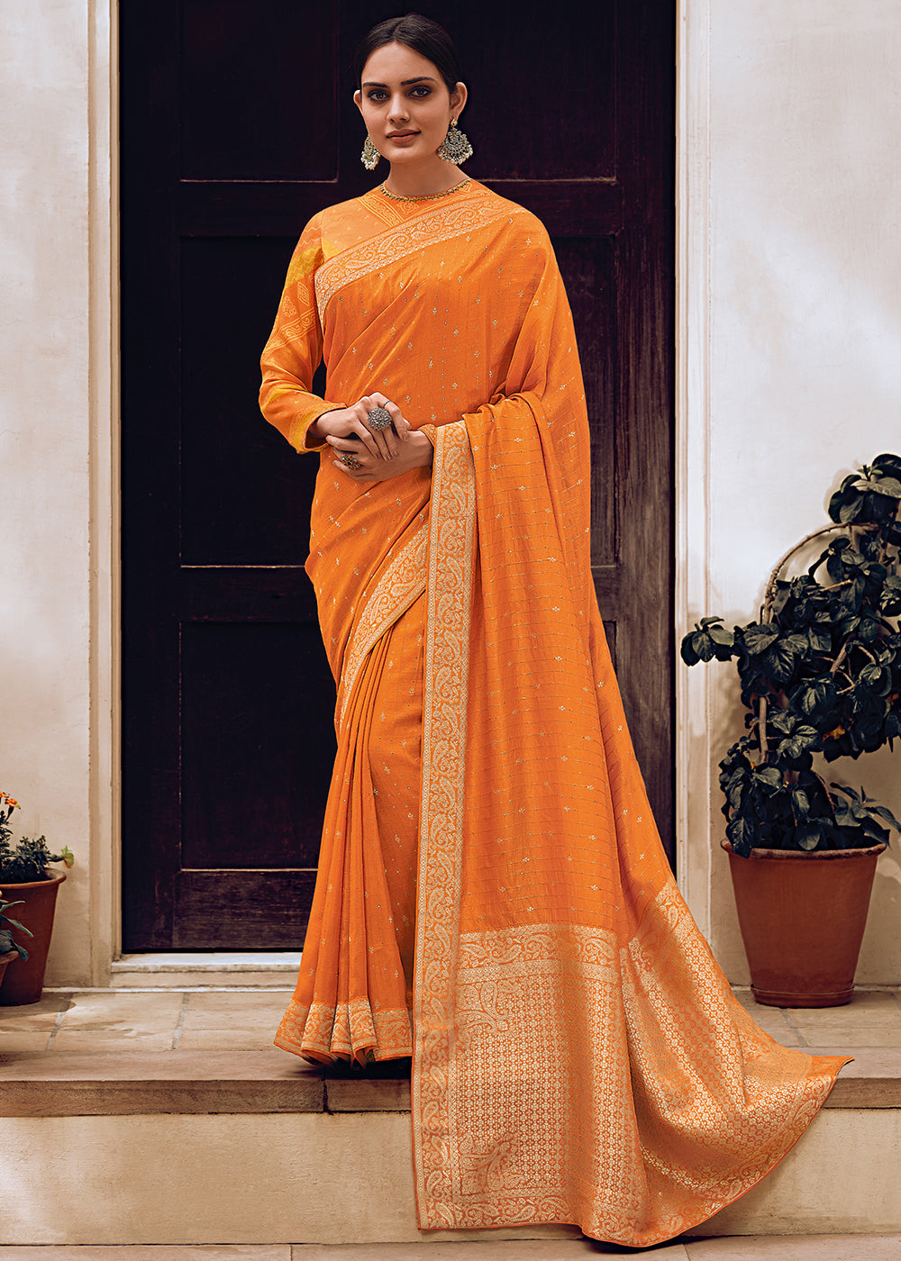 Orange Color Pure Viscos Woven Leheriya Pattern Saree